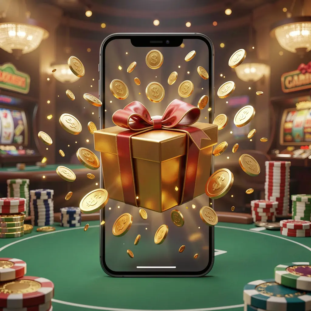OK DD mobile casino bonus app concept showing a phone screen with a gift box and coins bursting out in a festive casino atmosphere OK DD mobile casino bonus app concept showing a phone screen with a gift box and coins bursting out in a festive casino atmosphere