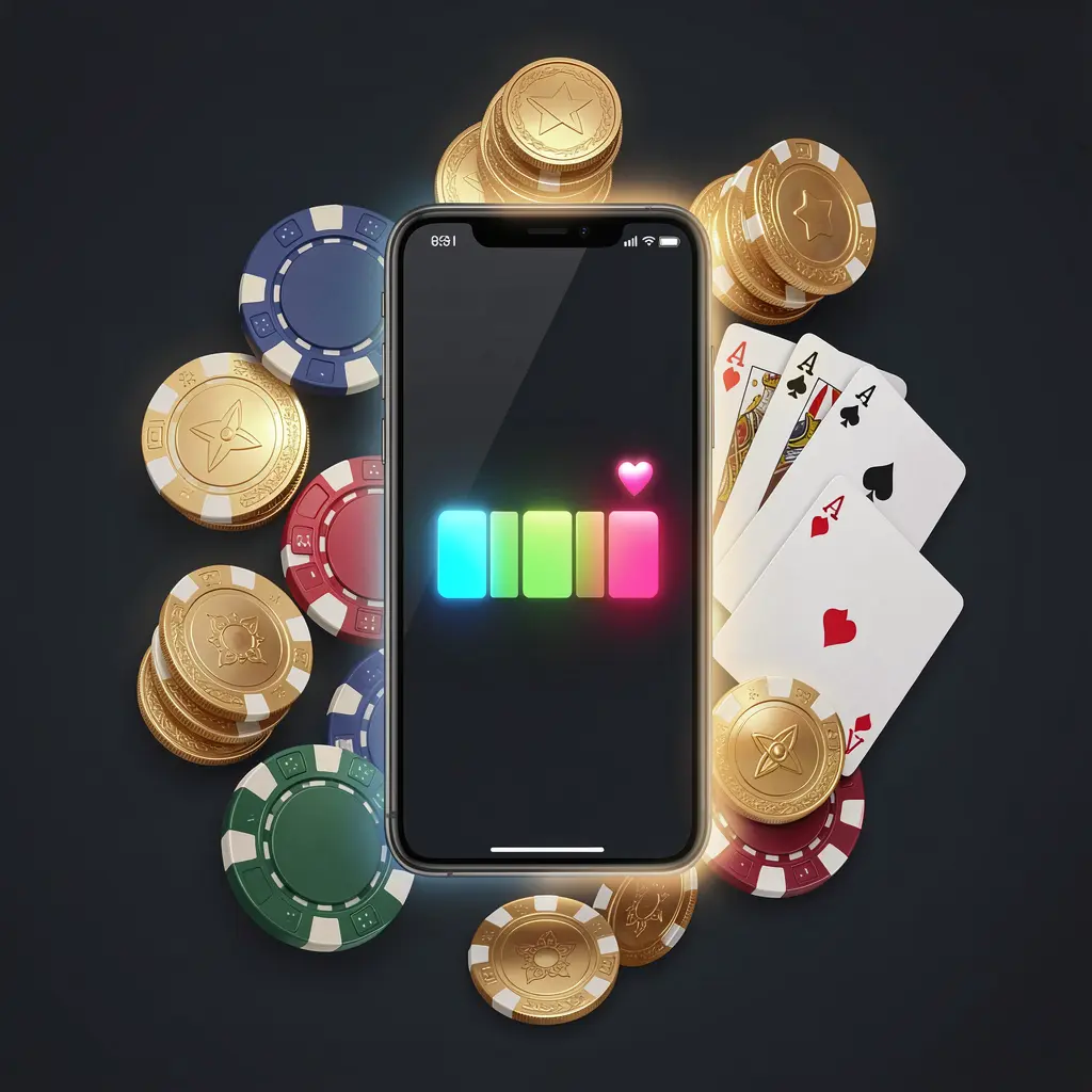 OK DD casino app installation visual featuring a smartphone with a glowing progress bar, surrounded by coins, chips, and playing cards on a dark background, showcasing premium mobile gaming design OK DD casino app installation visual featuring a smartphone with a glowing progress bar, surrounded by coins, chips, and playing cards on a dark background, showcasing premium mobile gaming design