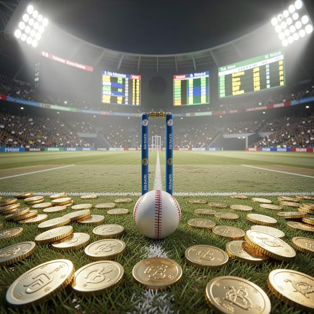 Live cricket betting scene featuring a cricket pitch under bright stadium lights with wickets, ball, golden coins, and glowing odds panels, showcasing OK DD's dynamic betting experience Live cricket betting scene featuring a cricket pitch under bright stadium lights with wickets, ball, golden coins, and glowing odds panels, showcasing OK DD's dynamic betting experience