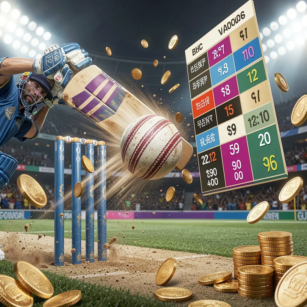 OK DD cricket match betting banner showing a cricket ball hitting wickets with dynamic motion under stadium lights, featuring floating odds interface and coins in a premium sports atmosphere OK DD cricket match betting banner showing a cricket ball hitting wickets with dynamic motion under stadium lights, featuring floating odds interface and coins in a premium sports atmosphere