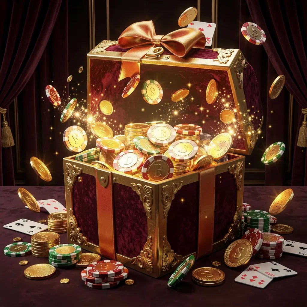 OK DD no deposit casino bonus concept showing a glowing gift box filled with free casino chips and golden coins with magical sparkle effects on a luxury dark background creating an exciting reward atmosphere OK DD no deposit casino bonus concept showing a glowing gift box filled with free casino chips and golden coins with magical sparkle effects on a luxury dark background creating an exciting reward atmosphere