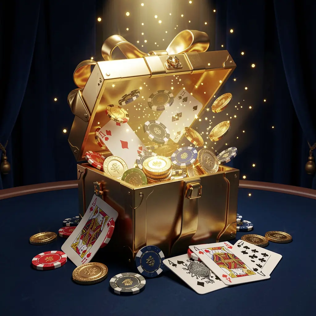 A luxurious welcome bonus scene for OK DD online casino featuring an open golden gift box with casino chips, playing cards, and sparkling coins bursting out against a premium dark blue and black background with a bright golden glow in an elegant festive mood A luxurious welcome bonus scene for OK DD online casino featuring an open golden gift box with casino chips, playing cards, and sparkling coins bursting out against a premium dark blue and black background with a bright golden glow in an elegant festive mood