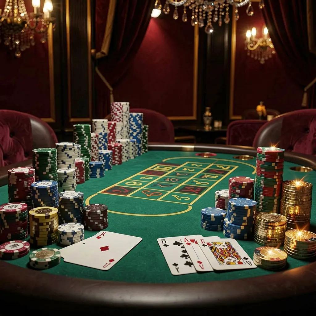 Luxury casino scene featuring a blackjack table with poker cards, stacks of chips, and sparkling coins against a dark red and gold background, showcasing the elegant OK DD brand atmosphere Luxury casino scene featuring a blackjack table with poker cards, stacks of chips, and sparkling coins against a dark red and gold background, showcasing the elegant OK DD brand atmosphere