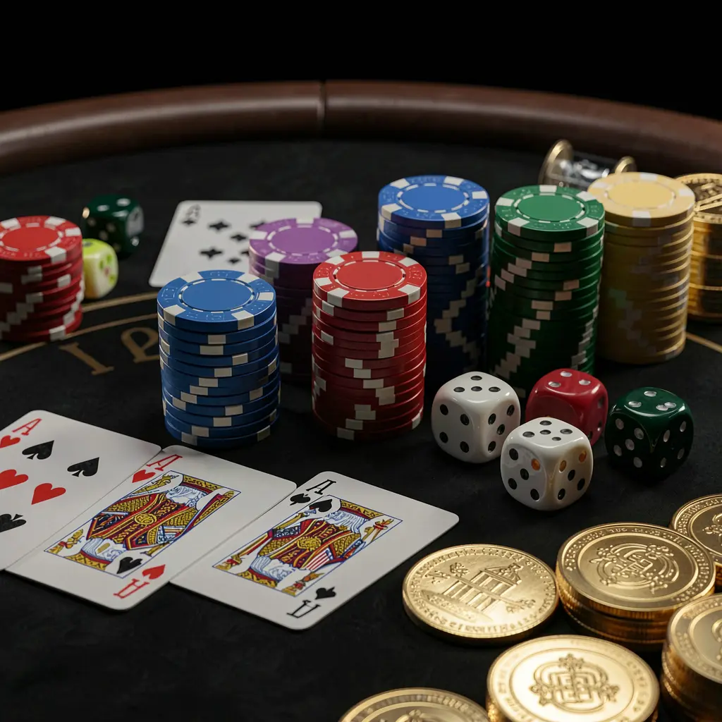 Close-up of an elegant casino table featuring poker chips, playing cards, dice, and gold coins with soft cinematic lighting and a luxury black background, showcasing the OK DD brand atmosphere Close-up of an elegant casino table featuring poker chips, playing cards, dice, and gold coins with soft cinematic lighting and a luxury black background, showcasing the OK DD brand atmosphere