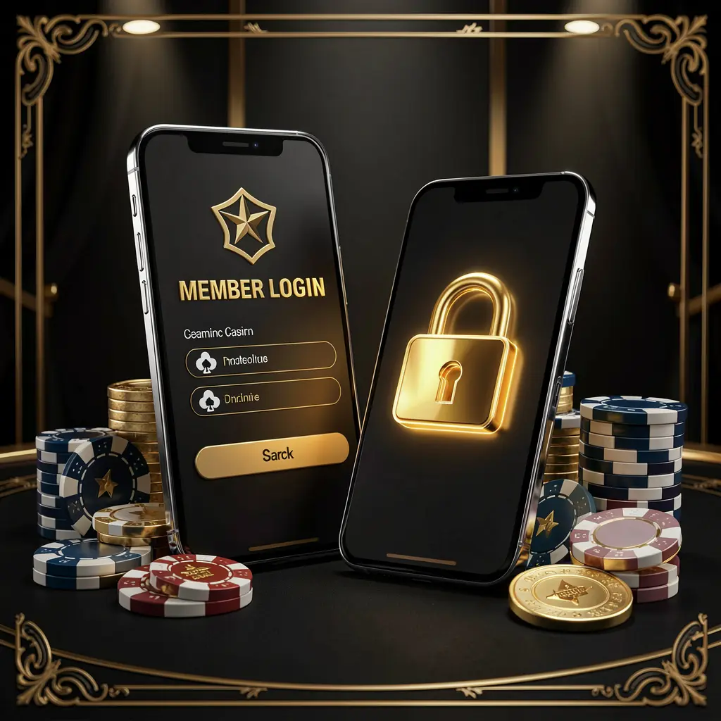 OK DD casino member login concept showing a premium membership card beside a smartphone with a glowing lock symbol, poker chips and coins on a black and gold luxury background in a realistic 3D illustration