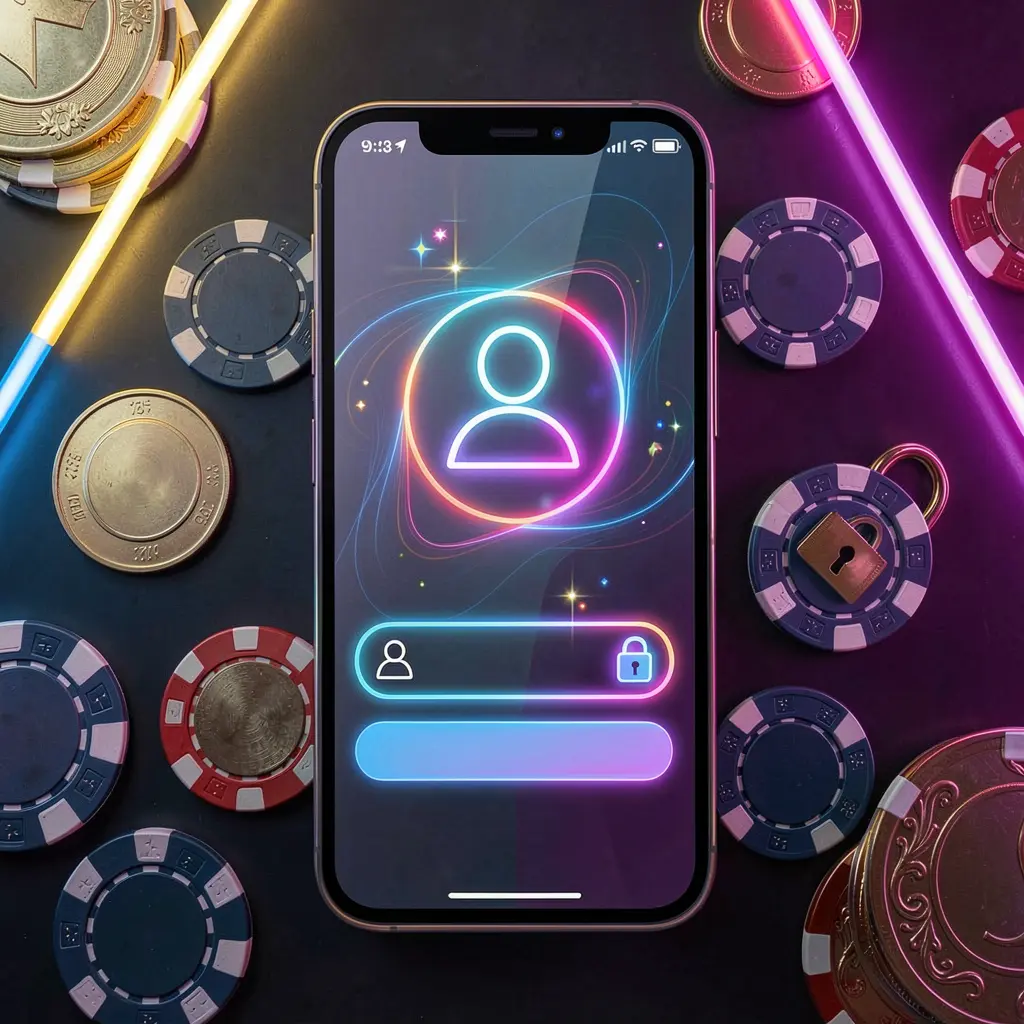 OK DD mobile gaming login page concept featuring a smartphone with an abstract login interface, user and lock icons, surrounded by casino chips and coins under luxury neon lighting