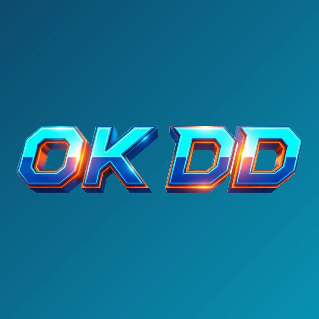 Bold 3D gaming logo with the text OK DD in energetic colors, modern esports-inspired design, wide horizontal rectangular wordmark logo with transparent background for website header