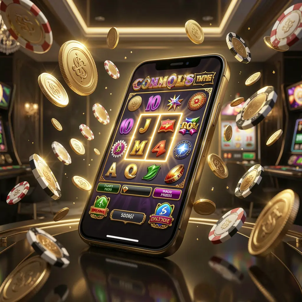Modern online casino main page visual featuring OK DD on a smartphone with a glowing gaming interface, surrounded by flying coins and chips in a black and gold luxury atmosphere